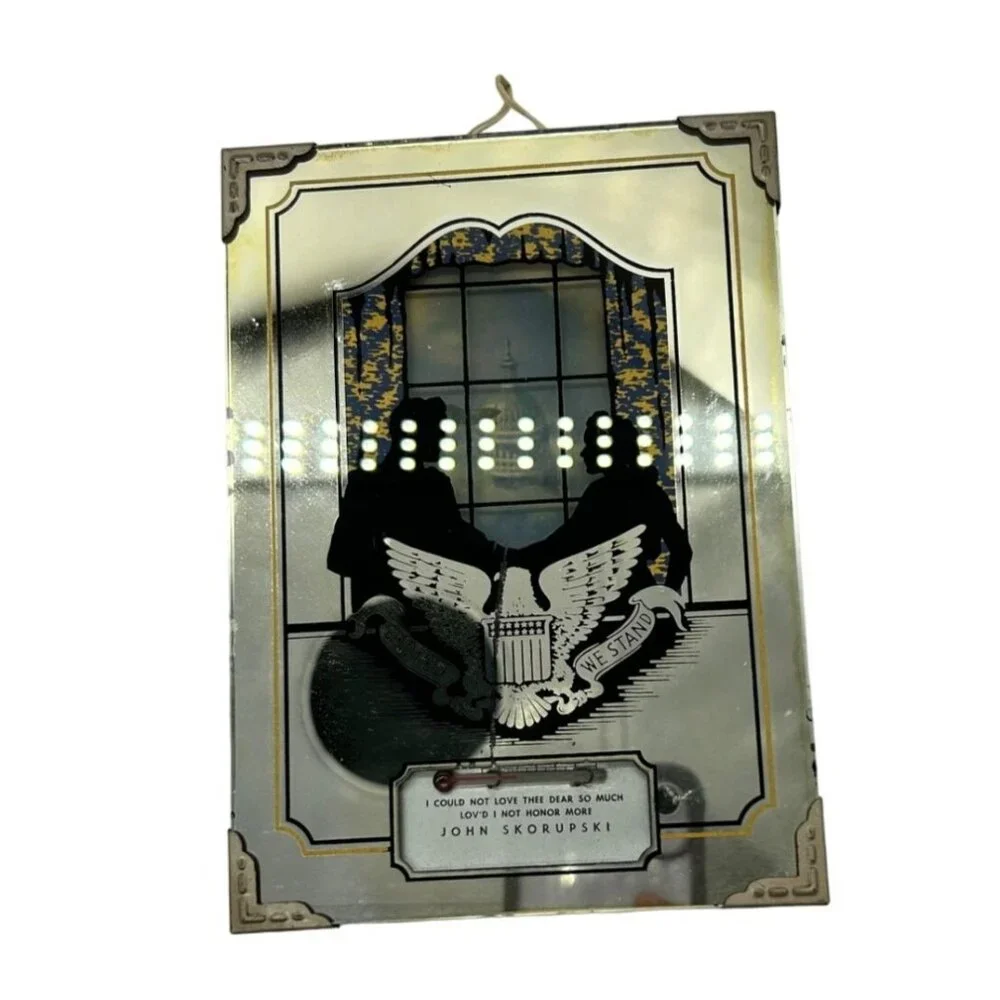 Vintage Silhouette Reverse Painting Couple White House Eagle Thermometer 4 3/4